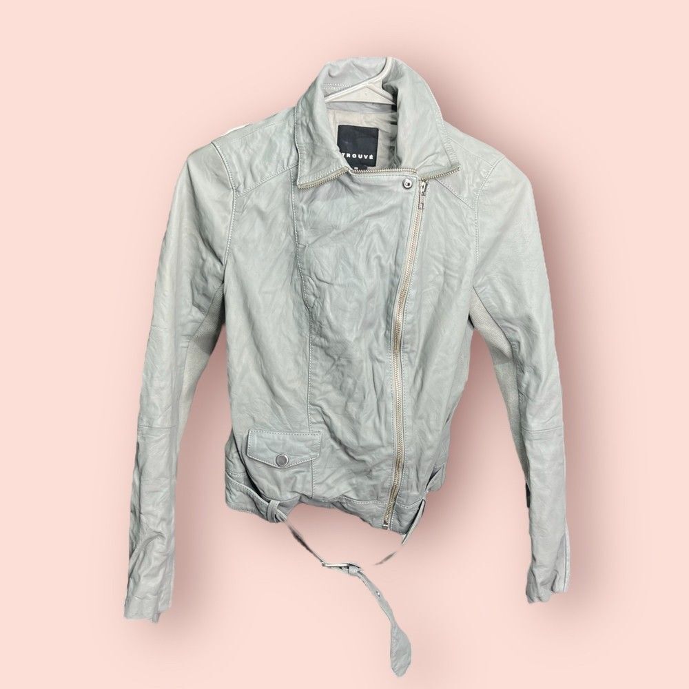 Nordstrom Trouve Leather Moto Biker Jacket Light Gray Sz XS